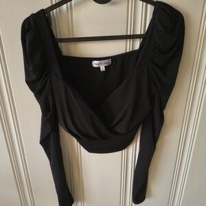 Emerald Sundae Black Square Neck Puff Sleeve Wrap Front Crop Top